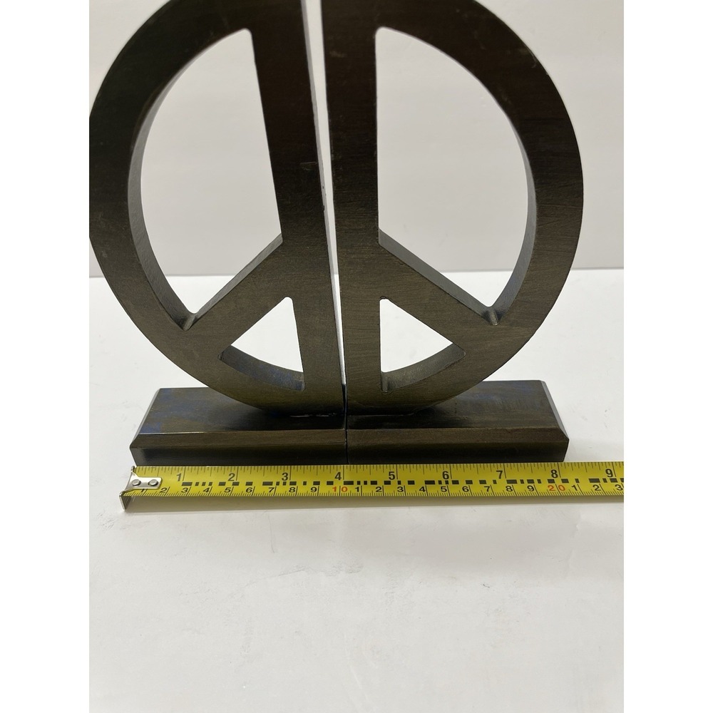 Peace Sign Bookends Wood Painted Black Over Blue 8x4" Lightweight Decorative - Picture 7 of 7